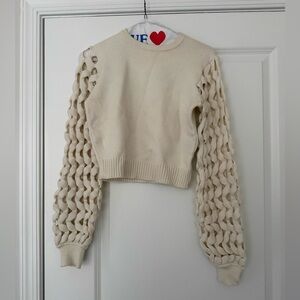 Cream Cropped Crewneck Sweater with Open-Knit Balloon Sleeves